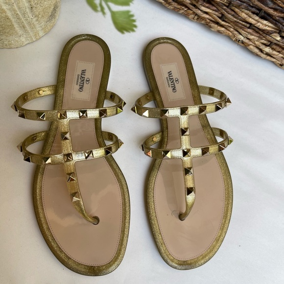 Valentino Garavani Rockstud Gold Jelly Sandals 40